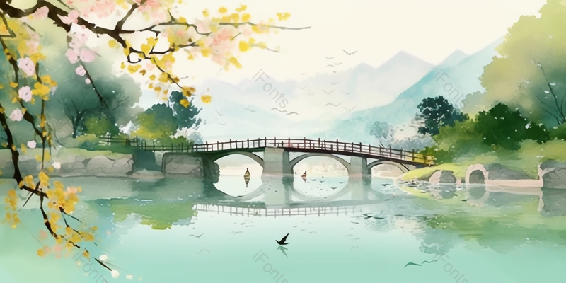 唯美意境古风自然春天山水节气水彩画,插画/手绘图,插画/手绘图库,插画/手绘图下载,插画/手绘